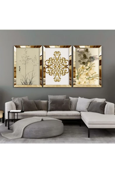 Harikabirev |gold-beyaz Çiçek Desenli Kombin|pleksi Çerçeveli Mdf Tablo 3dky