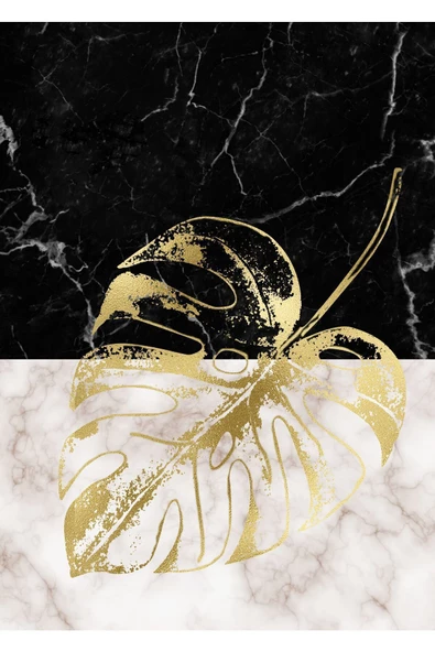 Harikabirev |gold-siyah Mermer Desen Yaprak Kombini|pleksi Çerçeveli Mdf Tablo 3dky - Resim 4