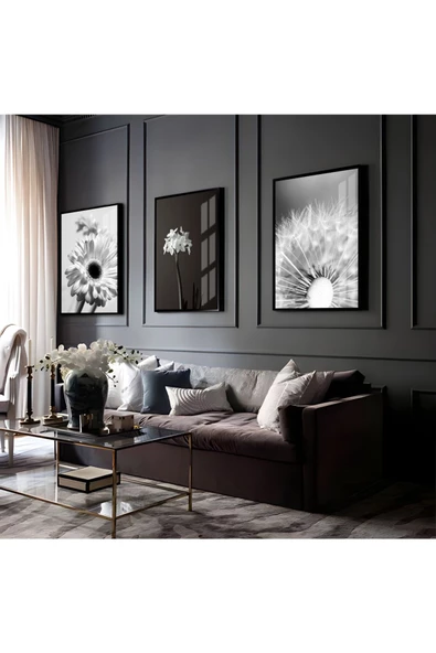 Harikabirev HARİKABİREV|BEYAZ-SİYAH ÇİÇEK KOMBİNİ 01 |ÇERÇEVELİ CAM TABLO  3LÜ DİKEY ürün görseli
