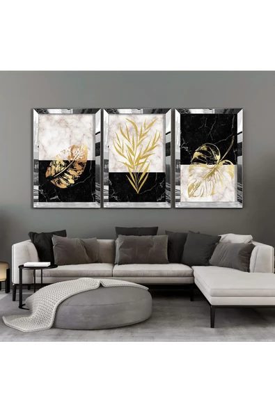 Harikabirev |gold-siyah Mermer Desen Yaprak Kombini|pleksi Çerçeveli Mdf Tablo 3dky ürün görseli