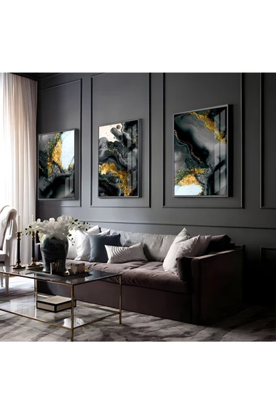 Harikabirev HARİKABİREV|GRİ-BEYAZ-GOLD SOYUT KOMBİNİ 01 |ÇERÇEVELİ CAM TABLO  3LÜ DİKEY ürün görseli