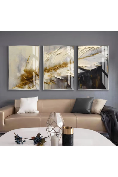 Harikabirev HARİKABİREV|SİYAH-GOLD RENK  SOFT TÜY KOMBİNİ |ÇERÇEVELİ CAM TABLO 3LÜ DİKEY ürün görseli