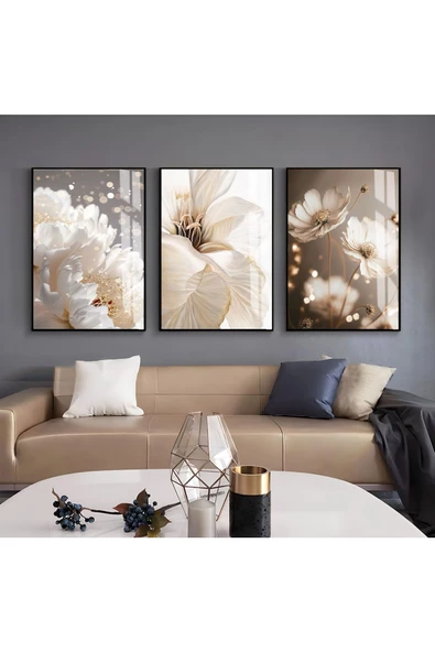Harikabirev HARİKABİREV|KREM-GOLD RENK SOFT ÇİÇEK VE SOYUT KOMBİN 2 |ÇERÇEVELİ CAM TABLO 3LÜ DİKEY ürün görseli