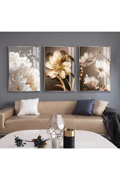 Harikabirev HARİKABİREV|KREM-GOLD RENK SOFT ÇİÇEK VE SOYUT KOMBİN |ÇERÇEVELİ CAM TABLO 3LÜ DİKEY ürün görseli