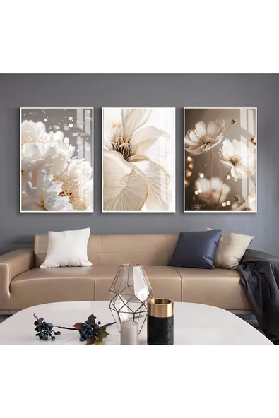 Harikabirev HARİKABİREV|KREM-GOLD RENK SOFT ÇİÇEK VE SOYUT KOMBİN 2 |ÇERÇEVELİ CAM TABLO 3LÜ DİKEY ürün görseli