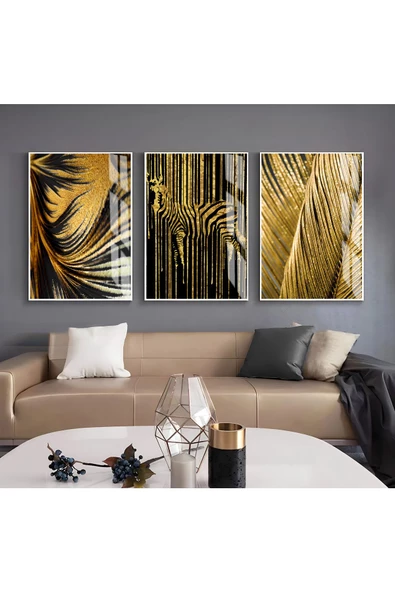 Harikabirev HARİKABİREV|SİYAH-GOLD RENK  ZEBRA YAPRAK VE SOYUT KOMBİN |ÇERÇEVELİ CAM TABLO 3LÜ DİKEY ürün görseli