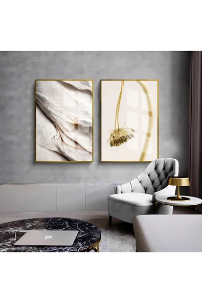 Harikabirev HARİKABİREV|BEYAZ-SARI MARBLE & ÇİÇEKİ SOYUT KOMBİNİ |ÇERÇEVELİ CAM TABLO  2Lİ DİKEY