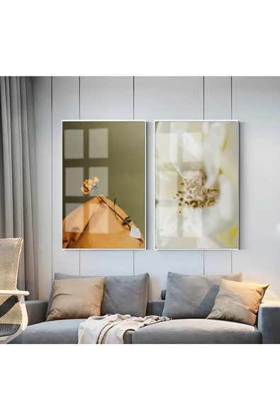 Harikabirev HARİKABİREV|SARI-BEYAZ ÇİÇEK KOMBİNİ 1 |ÇERÇEVELİ CAM TABLO  2Lİ DİKEY ürün görseli