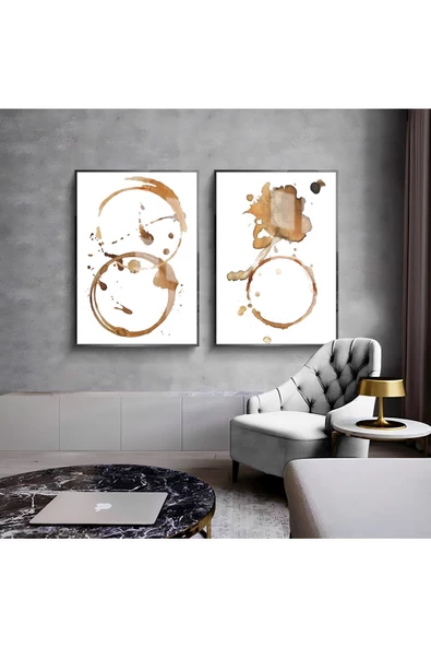 Harikabirev HARİKABİREV|BEYAZ-KAHVERENGİ KAHVE LEKE DESENLİ KOMBİNİ  |ÇERÇEVELİ CAM TABLO  2Lİ DİKEY ürün görseli