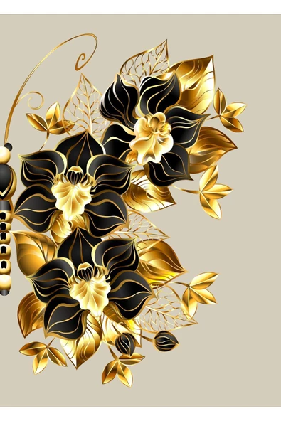 Harikabirev HARİKABİREV|GOLD-SİYAH ÇİÇEKLİ KELEBEK KOMBİNİ |ÇERÇEVELİ CAM TABLO  2Lİ DİKEY - Resim 3