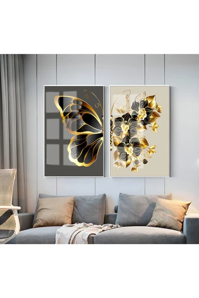 Harikabirev HARİKABİREV|GOLD-SİYAH ÇİÇEKLİ KELEBEK KOMBİNİ |ÇERÇEVELİ CAM TABLO  2Lİ DİKEY ürün görseli