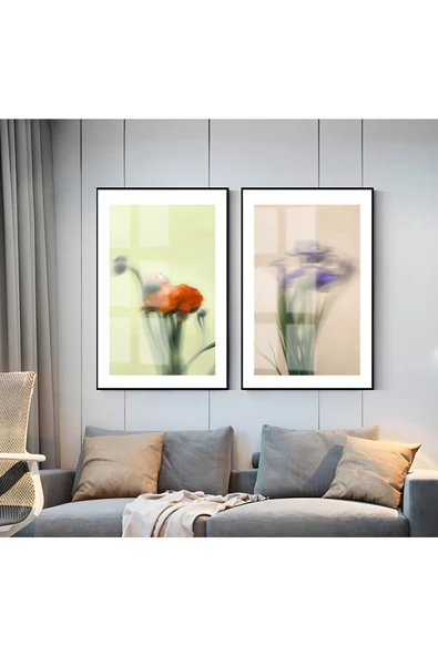 Harikabirev HARİKABİREV|KIRMIZI-MOR BLURRY ÇİÇEK KOMBİNİ 01 |ÇERÇEVELİ CAM TABLO  2Lİ DİKEY ürün görseli