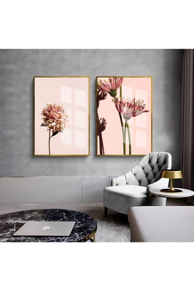 Harikabirev HARİKABİREV|PEMBE ÇİÇEK KOMBİNİ 002 |ÇERÇEVELİ CAM TABLO  2Lİ DİKEY ürün görseli