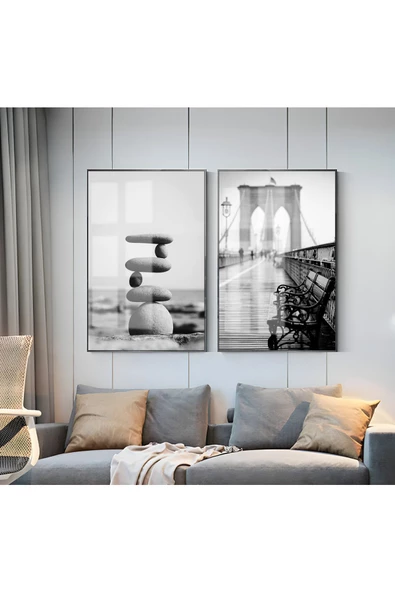 Harikabirev HARİKABİREV|SİYAH-BEYAZ TAŞ & KÖPRÜ KOMBİNİ |ÇERÇEVELİ CAM TABLO  2Lİ DİKEY ürün görseli