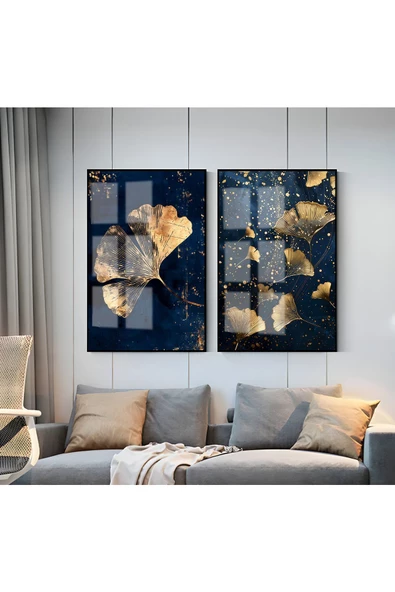 Harikabirev HARİKABİREV|LACİVERT-GOLD TROPİK YAPRAK KOMBİNİ 01 |ÇERÇEVELİ CAM TABLO  2Lİ DİKEY ürün görseli