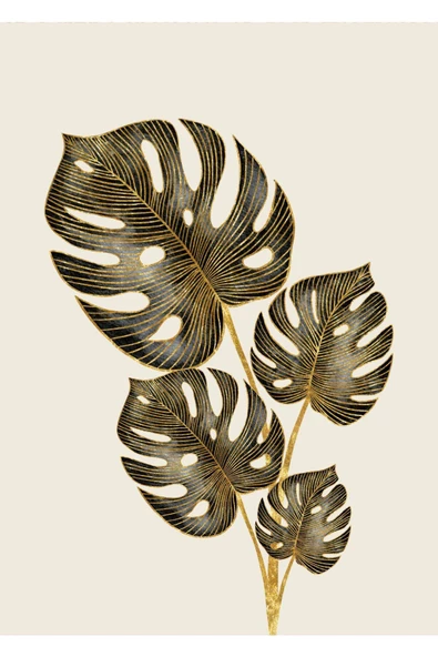 Harikabirev HARİKABİREV|BEJ-GRİ-GOLD TROPİK YAPRAK KOMBİNİ 01 |ÇERÇEVELİ CAM TABLO  3LÜ DİKEY - Resim 2