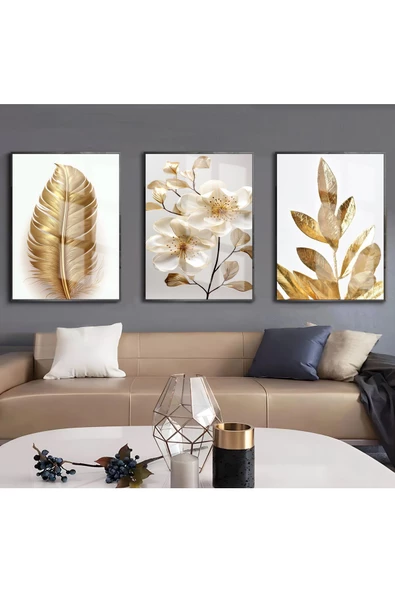 Harikabirev HARİKABİREV|BEYAZ-GOLD YAPRAK-ÇİÇEK KOMBİN 01 |ÇERÇEVELİ CAM TABLO  3LÜ DİKEY ürün görseli