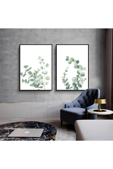 Harikabirev HARİKABİREV|BEYAZ-YEŞİL YAPRAK DALLARI KOMBİNİ 01 |ÇERÇEVELİ CAM TABLO  2Lİ DİKEY ürün görseli