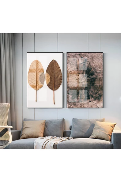 Harikabirev HARİKABİREV|KÜTÜK VE SONBAHAR YAPRAKLARI KOMBİNİ 1 |ÇERÇEVELİ CAM TABLO  2Lİ DİKEY ürün görseli