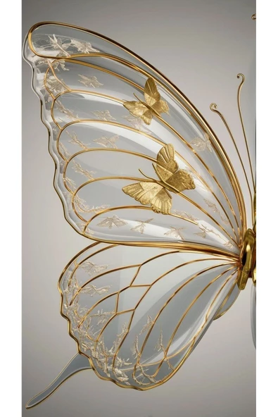 Harikabirev HARİKABİREV|BEYAZ-GOLD GÜL VE KELEBEK KANATI KOMBİN |ÇERÇEVELİ CAM TABLO  3LÜ DİKEY - Resim 2