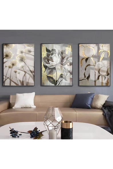 Harikabirev HARİKABİREV|GOLD-GRİ-BEYAZ KARAHİNDİBA KOMBİNİ 01 |ÇERÇEVELİ CAM TABLO  3LÜ DİKEY ürün görseli