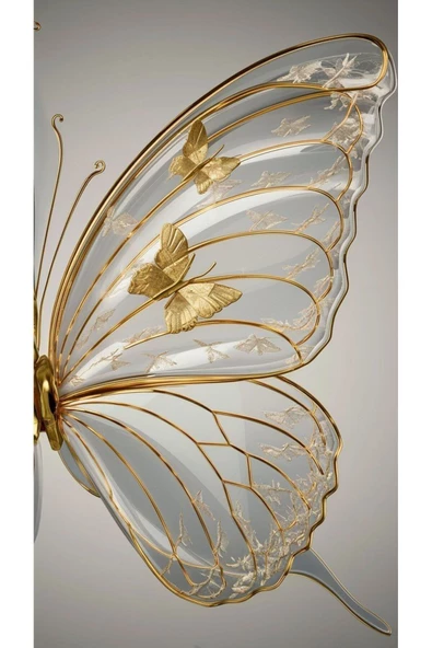 Harikabirev HARİKABİREV|BEYAZ-GOLD GÜL VE KELEBEK KANATI KOMBİN |ÇERÇEVELİ CAM TABLO  3LÜ DİKEY - Resim 4