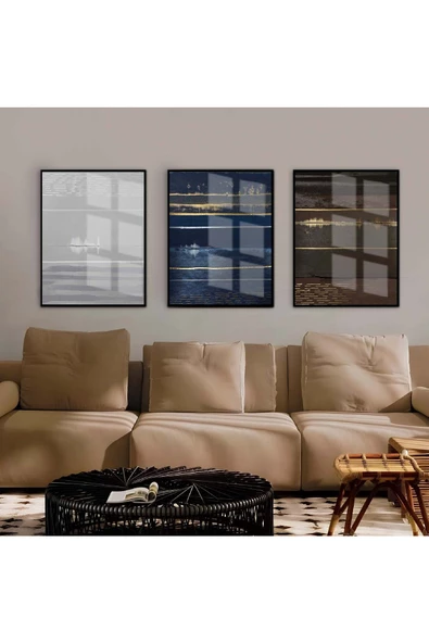 Harikabirev HARİKABİREV|MAVİ-KAHVE-GRİ SOYUT KOMBİNİ |ÇERÇEVELİ CAM TABLO  3LÜ DİKEY ürün görseli