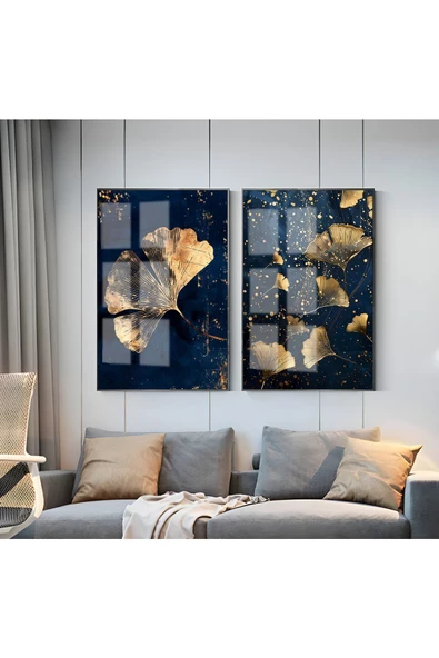 Harikabirev HARİKABİREV|LACİVERT-GOLD TROPİK YAPRAK KOMBİNİ 01 |ÇERÇEVELİ CAM TABLO  2Lİ DİKEY ürün görseli