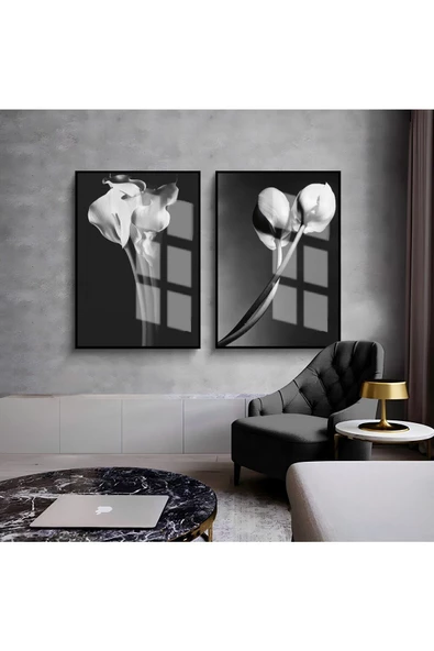 Harikabirev HARİKABİREV|SİYAH-BEYAZ ÇİÇEK OMBİNİ 03 |ÇERÇEVELİ CAM TABLO  2Lİ DİKEY ürün görseli