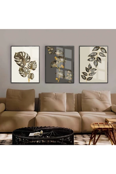 Harikabirev HARİKABİREV|BEJ-GRİ-GOLD TROPİK YAPRAK KOMBİNİ 01 |ÇERÇEVELİ CAM TABLO  3LÜ DİKEY ürün görseli