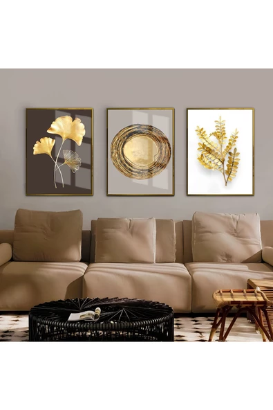 Harikabirev HARİKABİREV|BEYAZ-GOLD-GRİ YAPRAKLI SOYUT KOMBİNİ 01 |ÇERÇEVELİ CAM TABLO  3LÜ DİKEY