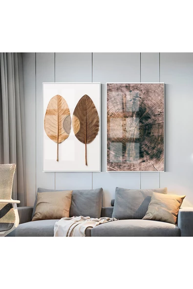 Harikabirev HARİKABİREV|KÜTÜK VE SONBAHAR YAPRAKLARI KOMBİNİ 1 |ÇERÇEVELİ CAM TABLO  2Lİ DİKEY ürün görseli