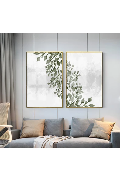 Harikabirev HARİKABİREV|GRİ-YEŞİL YAPRAK DALLARI KOMBİNİ 1 |ÇERÇEVELİ CAM TABLO  2Lİ DİKEY ürün görseli