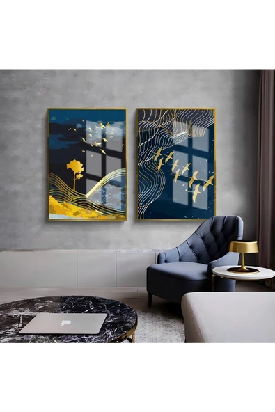 Harikabirev HARİKABİREV|LACİVERT-GOLD KUŞLAR VE DOĞA MANZARA KOMBİNİ 01 |ÇERÇEVELİ CAM TABLO  2Lİ DİKEY ürün görseli