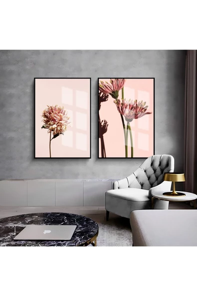 Harikabirev HARİKABİREV|PEMBE ÇİÇEK KOMBİNİ 002 |ÇERÇEVELİ CAM TABLO  2Lİ DİKEY ürün görseli