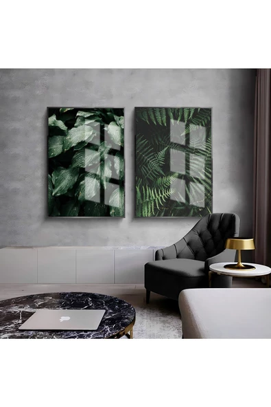 Harikabirev HARİKABİREV|YEŞİL YAPRAK DALLARI KOMBİNİ 01 |ÇERÇEVELİ CAM TABLO  2Lİ DİKEY ürün görseli
