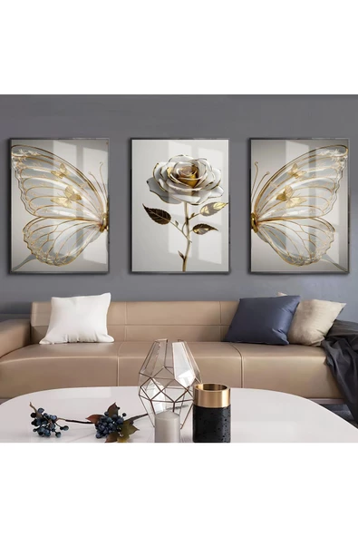 Harikabirev HARİKABİREV|BEYAZ-GOLD GÜL VE KELEBEK KANATI KOMBİN |ÇERÇEVELİ CAM TABLO  3LÜ DİKEY ürün görseli