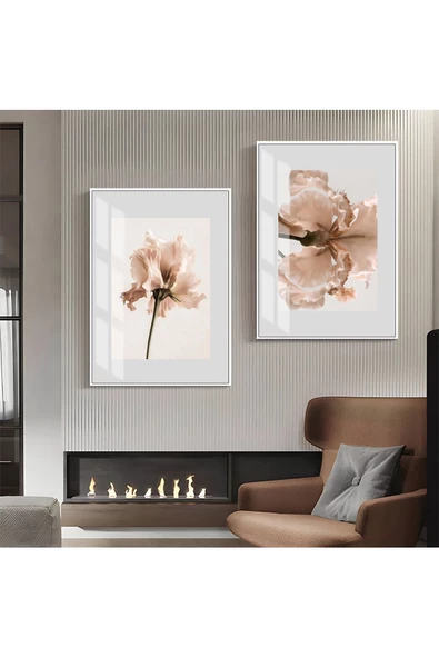 Harikabirev HARİKABİREV|SEVİLEN SOFT ÇİÇEK YAPRAK KOMBİNİ|ÇERÇEVELİ CAM TABLO  2Lİ DİKEY - Resim 2