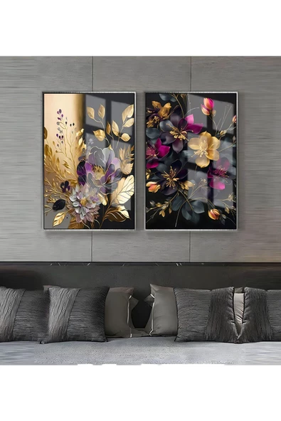 Harikabirev HARİKABİREV|SİYAH-GOLD  SOYUT ÇİÇEK DEMETİ MOTİFİ |ÇERÇEVELİ CAM TABLO  2Lİ DİKEY ürün görseli