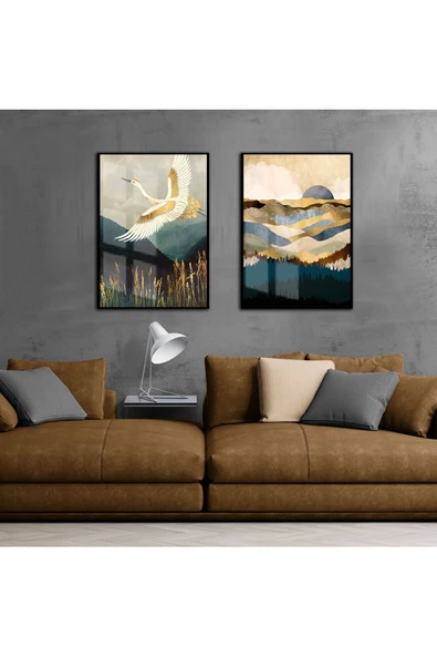 Harikabirev HARİKABİREV|KAHVERENGİ-GOLD RENK SOYUT KUŞ VE DAĞ MOTİFİ |ÇERÇEVELİ CAM TABLO  2Lİ DİKEY ürün görseli