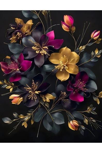 Harikabirev HARİKABİREV|SİYAH-GOLD  SOYUT ÇİÇEK DEMETİ MOTİFİ |ÇERÇEVELİ CAM TABLO  2Lİ DİKEY - Resim 3