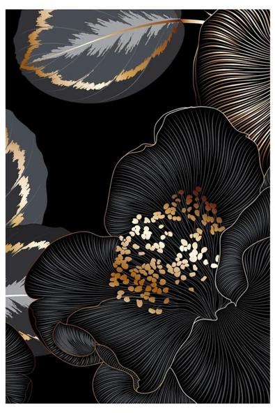 Harikabirev HARİKABİREV|SİYAH-GOLD RENK ÇİÇEK VE YAPRAK KOMBİNİ SOYUT |ÇERÇEVELİ CAM TABLO 2Lİ DİKEY - 2