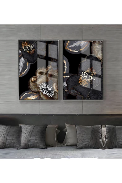 Harikabirev HARİKABİREV|SİYAH-GOLD RENK ÇİÇEK VE YAPRAK KOMBİNİ SOYUT |ÇERÇEVELİ CAM TABLO 2Lİ DİKEY