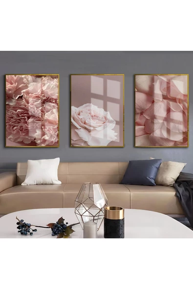 Harikabirev HARİKABİREV|GÜL KURUSU ÇİÇEK KOMBİN 01 |ÇERÇEVELİ CAM TABLO  3LÜ DİKEY ürün görseli