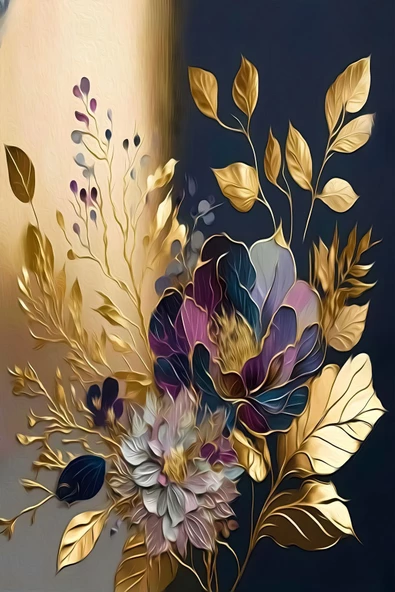 Harikabirev HARİKABİREV|SİYAH-GOLD  SOYUT ÇİÇEK DEMETİ MOTİFİ |ÇERÇEVELİ CAM TABLO  2Lİ DİKEY - Resim 2