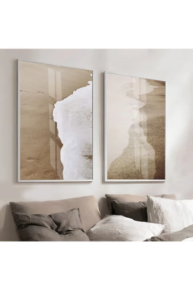 Harikabirev HARİKABİREV|KREM-BEJ RENK KUMSAL MANZARA KOMBİNİ |ÇERÇEVELİ CAM TABLO  2Lİ DİKEY