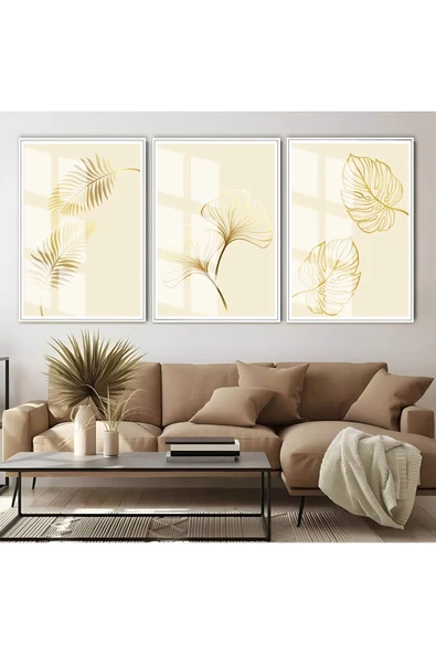 Harikabirev HARİKABİREV|KREM-GOLD TROPİK YAPRAKLAR KOMBİNİ |ÇERÇEVELİ CAM TABLO 3LÜ DİKEY
