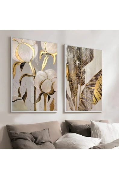 Harikabirev HARİKABİREV|GOLD-BEJ RENK SEVİLEN SOYUT ÇİÇEK VE YAPRAK KOMBİNİ |ÇERÇEVELİ CAM TABLO  2Lİ DİKEY ürün görseli