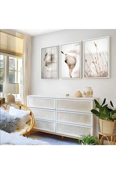 Harikabirev HARİKABİREV|BEYAZ ÇİÇEKLER-AT KOMBİNİ 01 |ÇERÇEVELİ CAM TABLO  3LÜ DİKEY ürün görseli