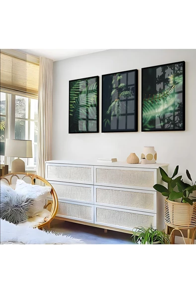 Harikabirev HARİKABİREV|YEŞİL-SİYAH SOFT YAPRAK KOMBİNİ |ÇERÇEVELİ CAM TABLO  3LÜ DİKEY ürün görseli